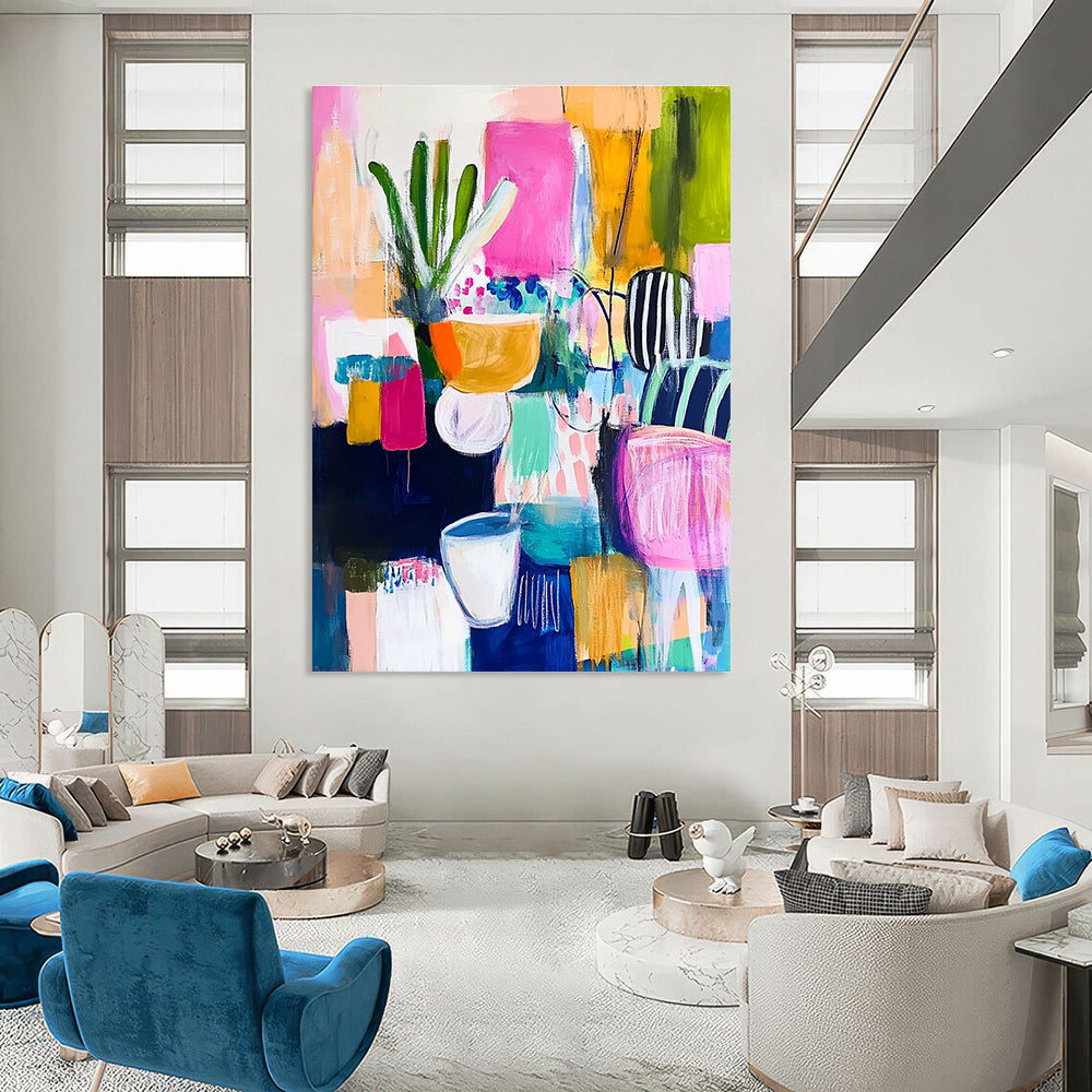Large abstract painting with vibrant colors and bold brush strokes reflecting joyous celebration and energetic vibes in a dynamic composition.STSC1223