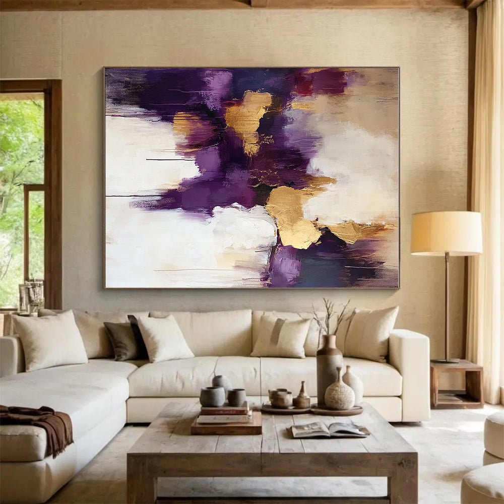 Purple and Gold Abstract Painting with Dripping Effects GER618