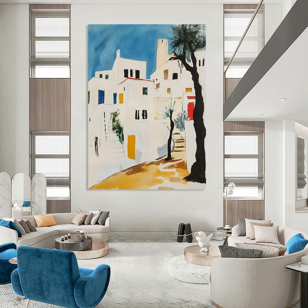 Abstract painting featuring white Greek buildings with black lines yellow accents and red elements against a light blue sky with greenery and a lone tree.STSC1106