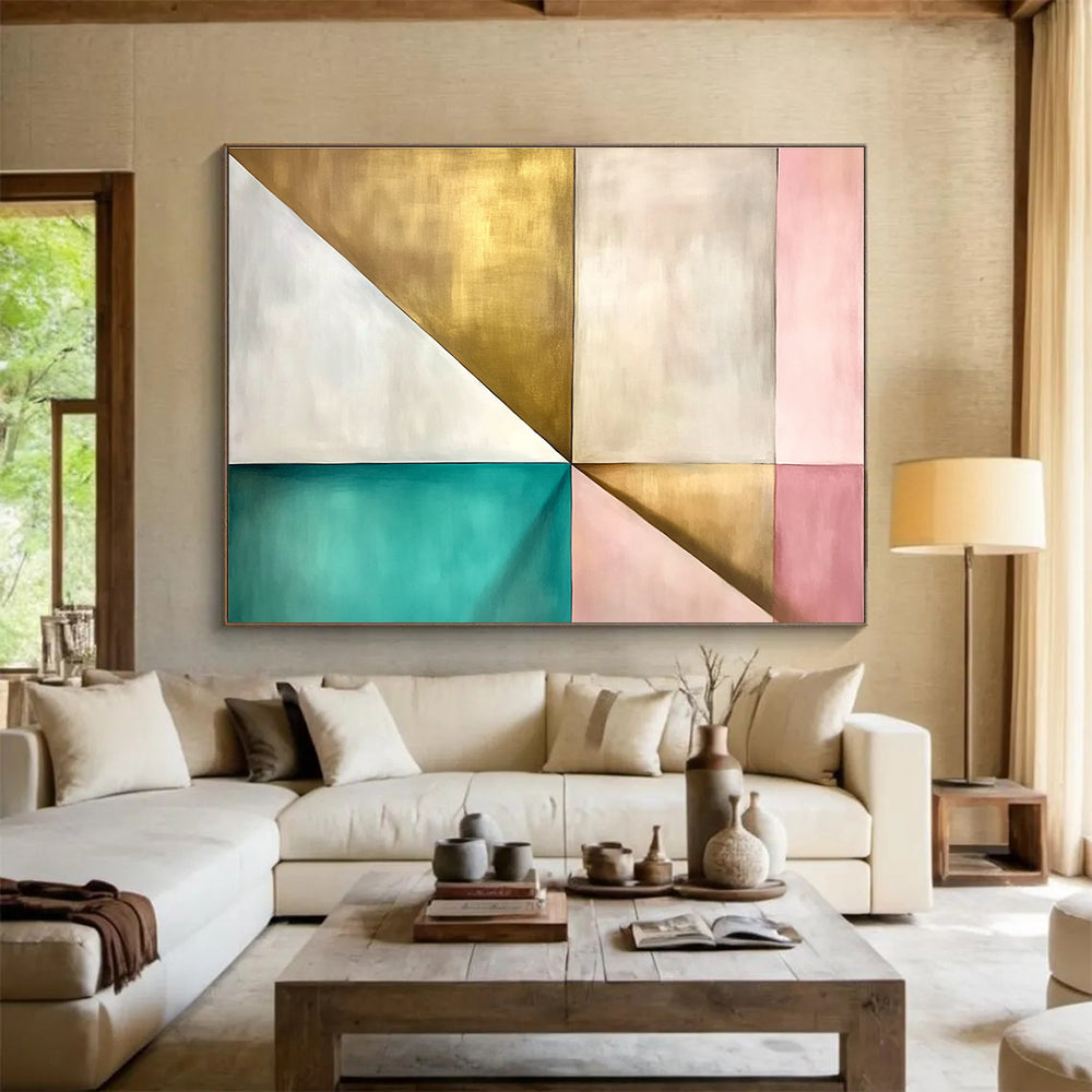 A large abstract painting featuring geometric shapes in white with light brown tones and hints of pale yellow, inspired by Japandi and James Turrell.SC504