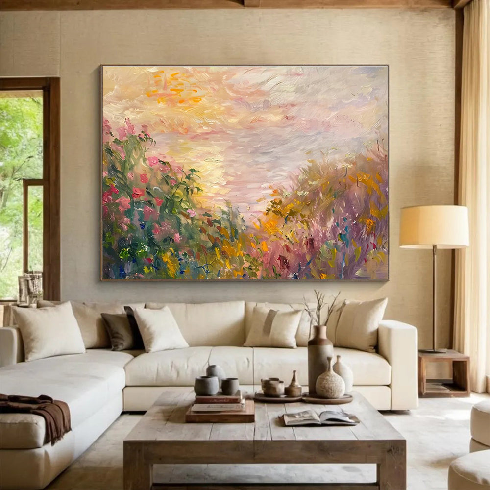 Flower Field Sunset Abstract Painting with Pink, Yellow, and Purple Hues THY195