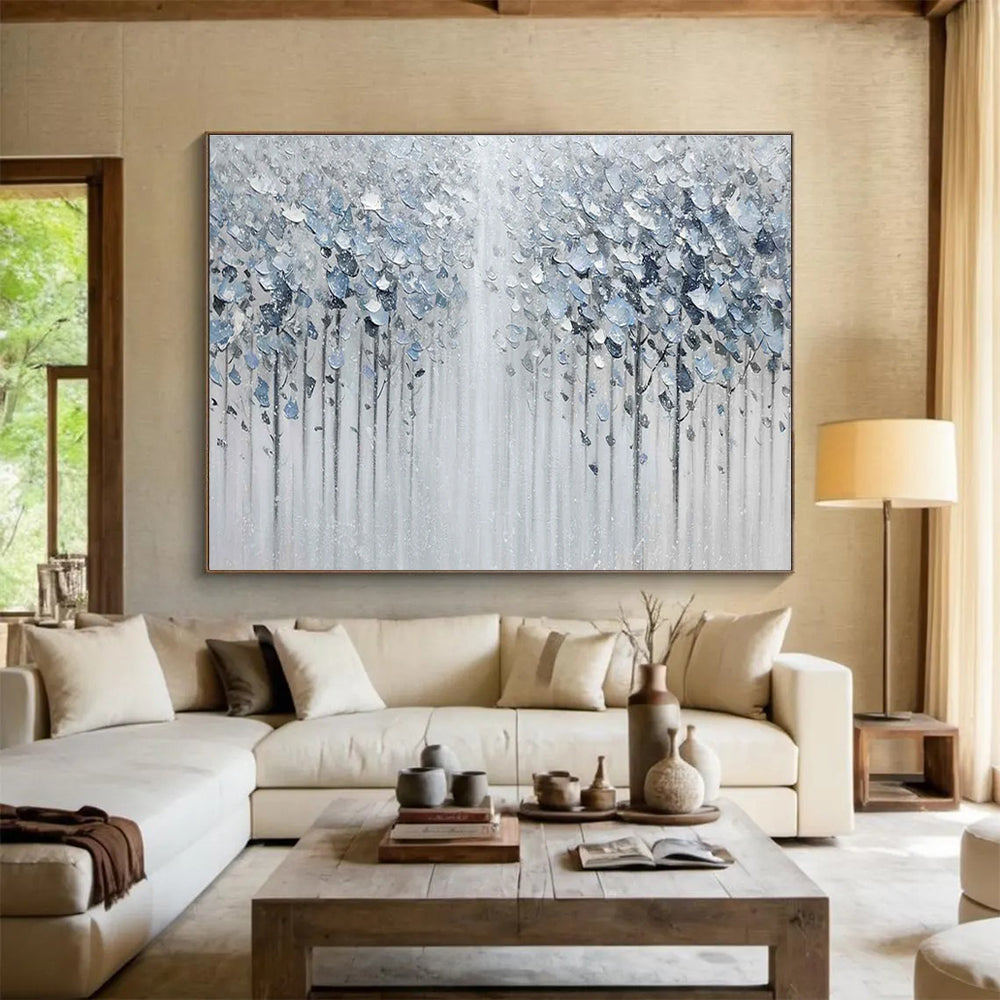Silver Forest Abstract Painting with Metallic and Neutral Tones THY274