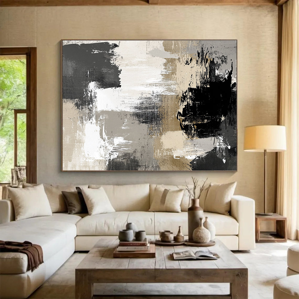 Large abstract painting in neutral gray beige and black tones featuring soft brushstrokes and elegant shapes perfect for contemporary home decor.SC507