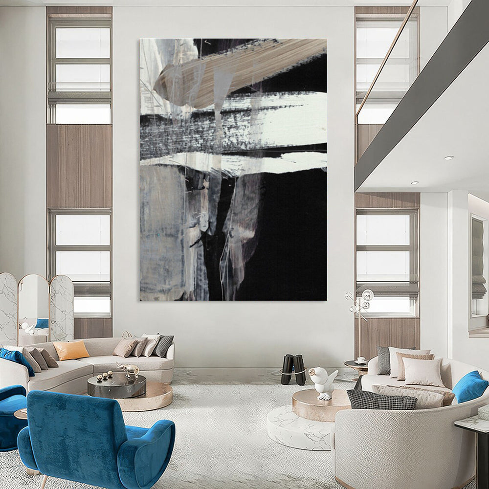 Black and White Abstract with Bold Brushstrokes Painting ADGE193