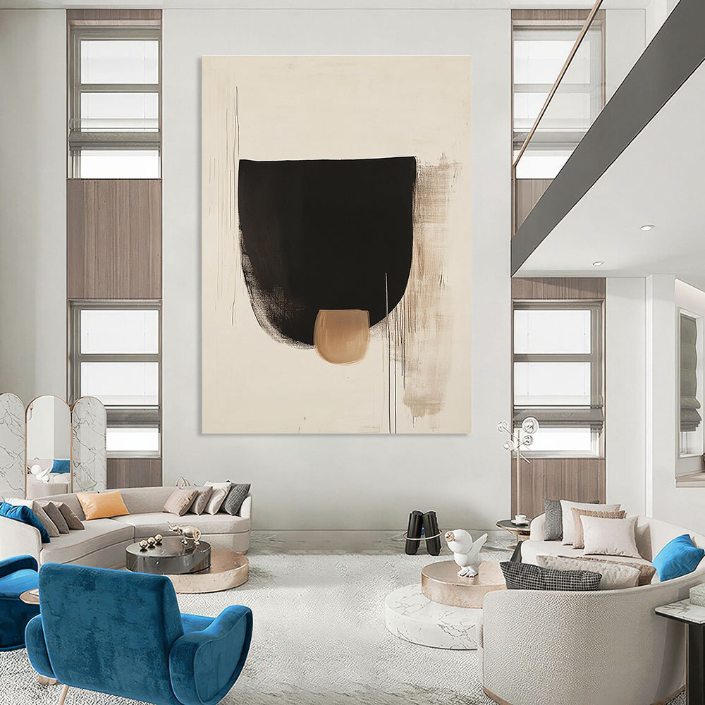 Large abstract black shapes on white background with a small brown detail inspired by Euan Uglow and Tadao Ando's minimalist style.STSC1069