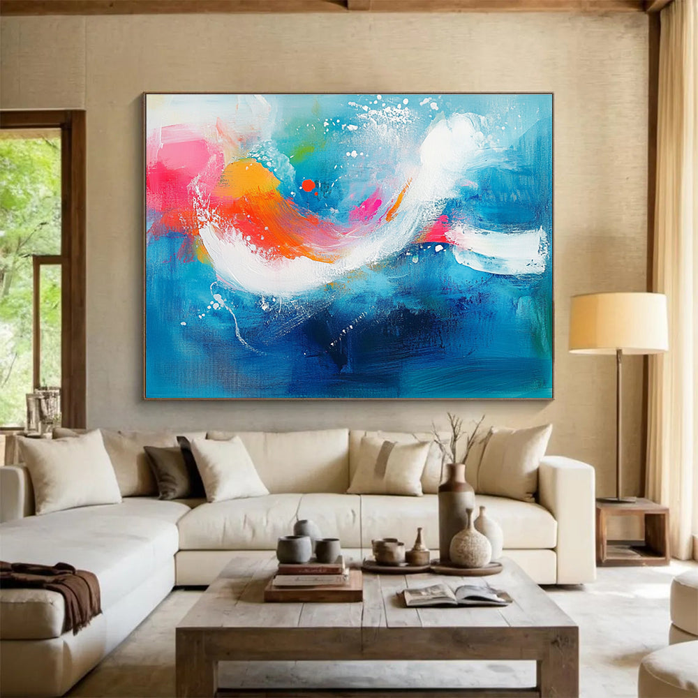 Large abstract painting of an underwater scene featuring vibrant aqua blue background with pink and orange accents and energetic white brushstrokes.SC308