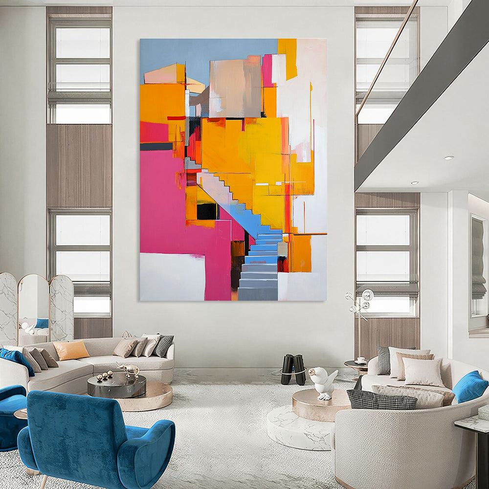 Abstract painting featuring vibrant pink yellow and orange architectural elements with stairs and ample white space around it.STSC668