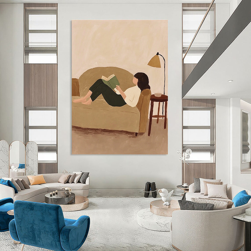 A large abstract painting featuring Krent-7 with whimsical patterns and vibrant fabric scraps on a beige background.STSC1262