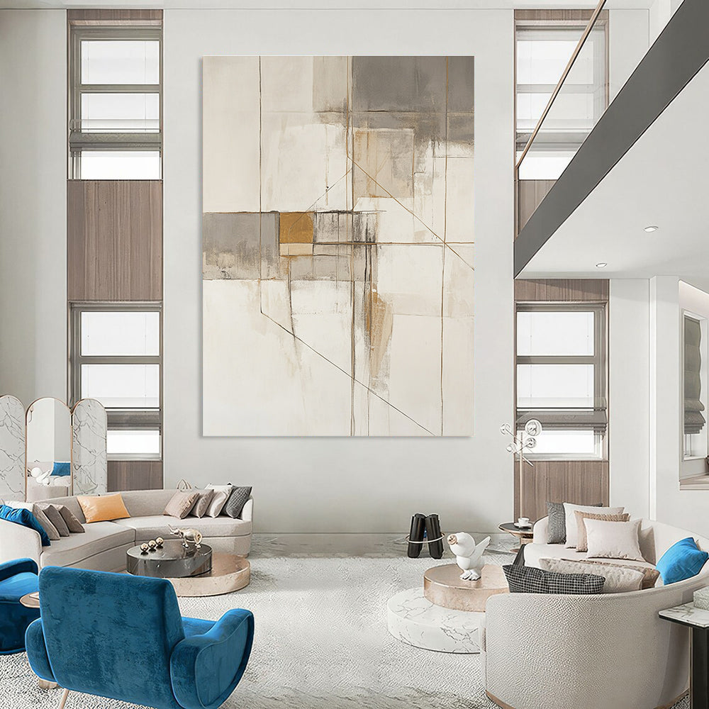 Large abstract painting in neutral tones with gold accents showcasing architectural themes through geometric shapes and lines.STSC620