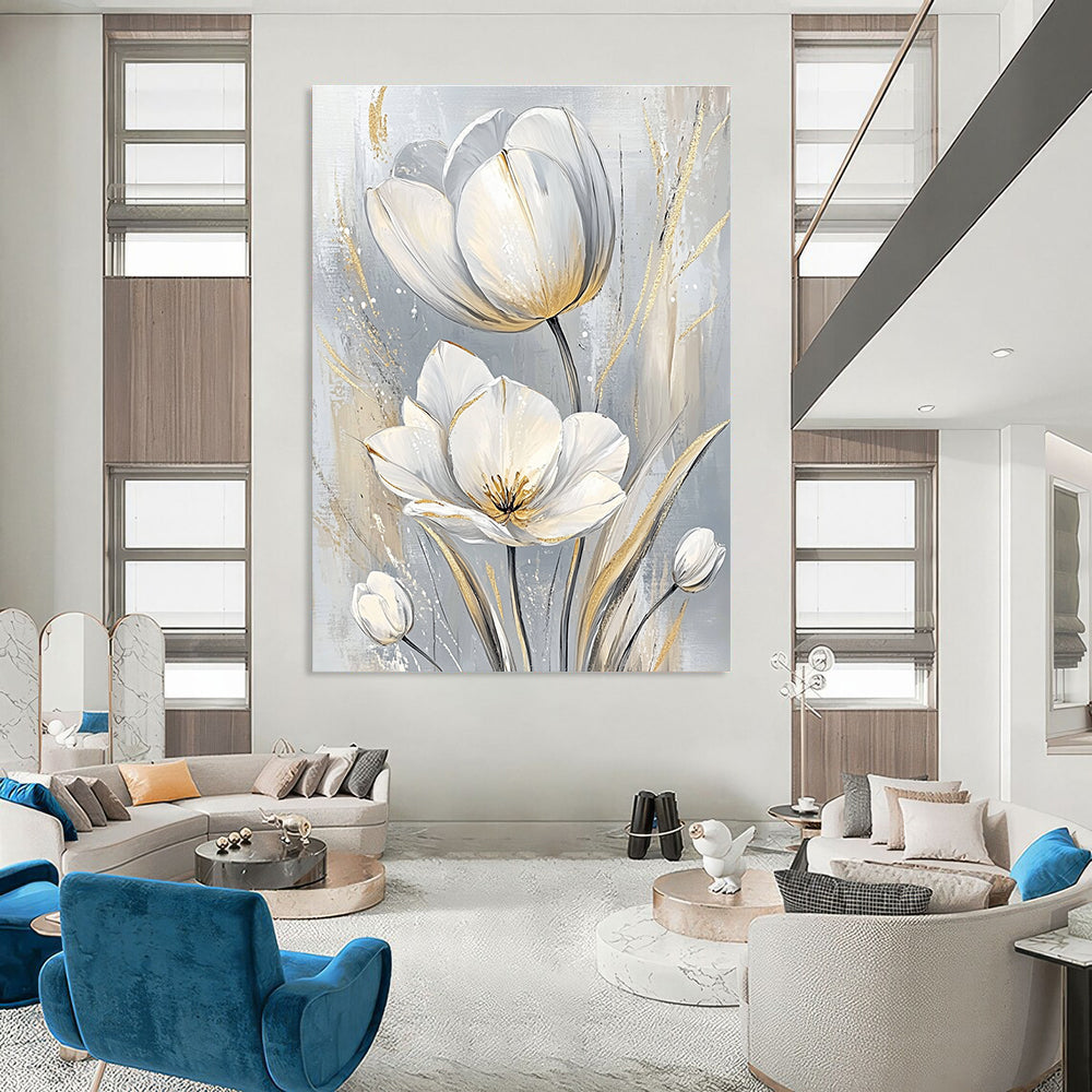 Large abstract painting featuring elegant white tulips with intricate petals and soft pastel tones creating a serene atmosphere.STSC1480