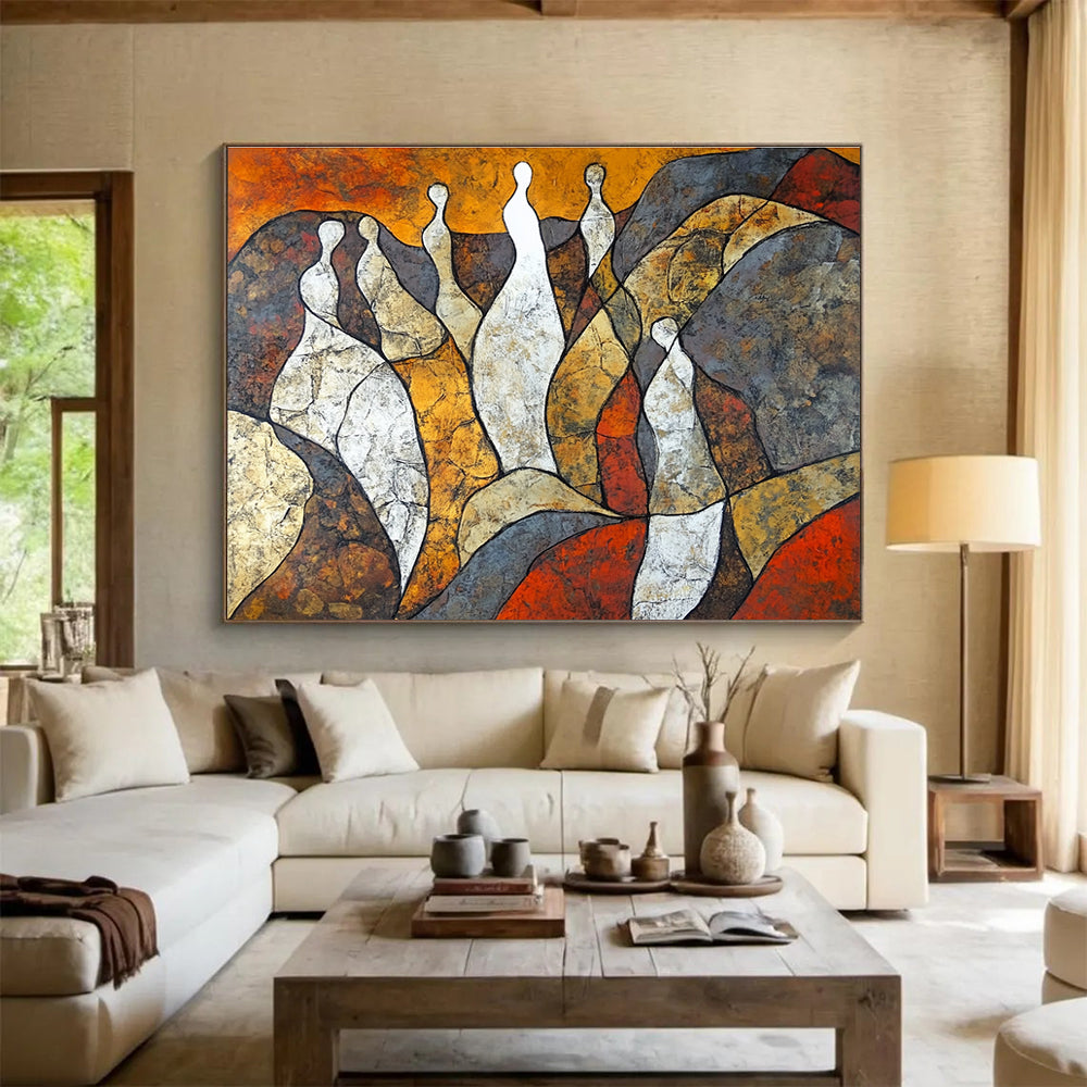 Abstract painting featuring women's bodies as rocks in earthy tones with a lone woman in white symbolizing resilience and growth amidst challenges.SC521