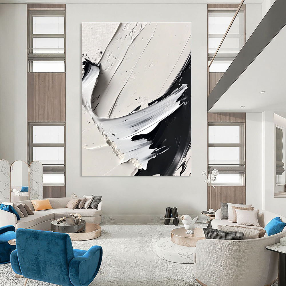 Large abstract painting featuring dynamic brush strokes in monochrome, high contrast, sharp edges, and soft blurred areas creating depth and texture.STSC507
