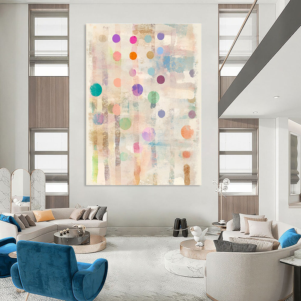 Large abstract painting on paper with pastel polka dots and stripes adorned with tiny hearts and stars at each dot's edge.STSC722