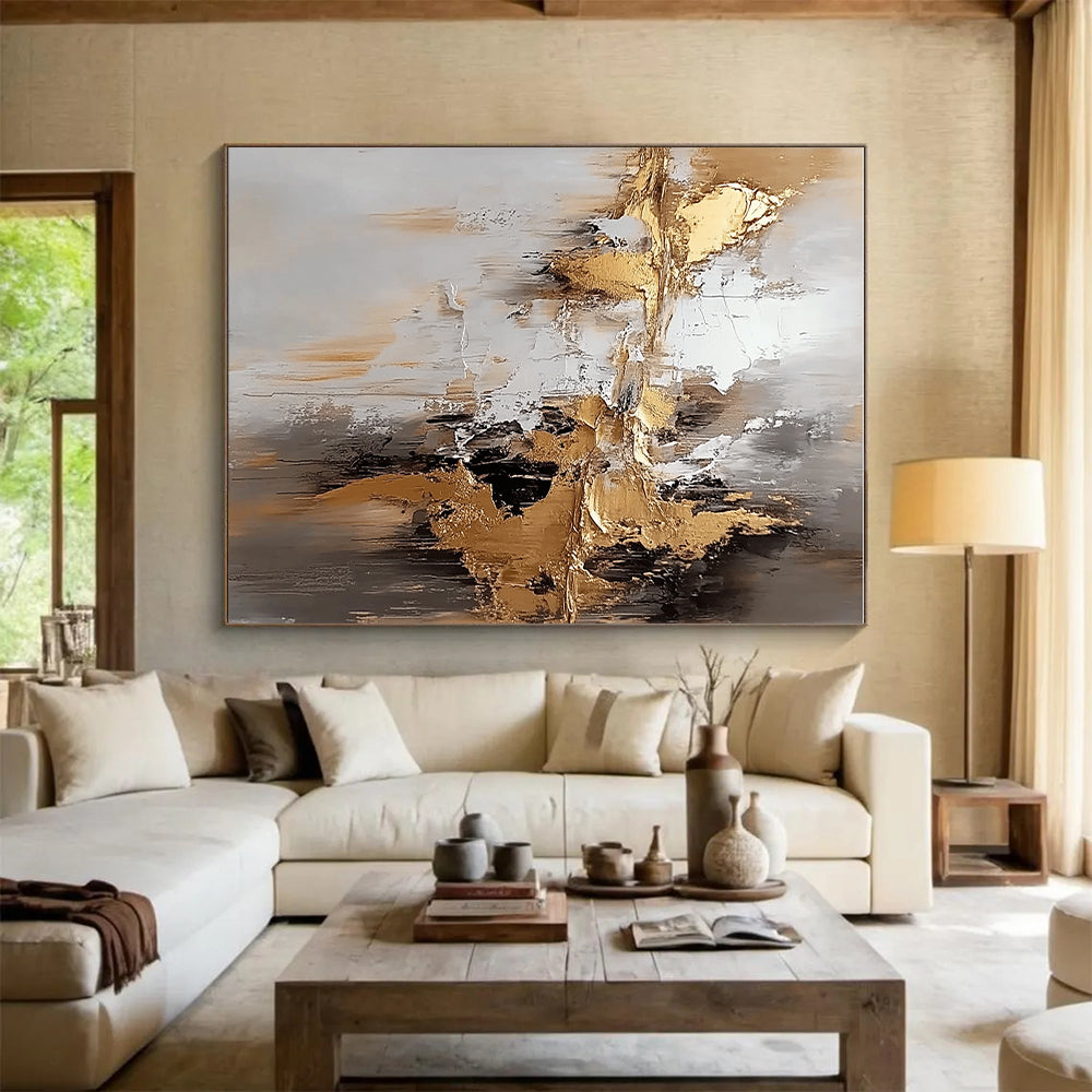 Gold Gray and Black Abstract Painting with Textured Gold GER665
