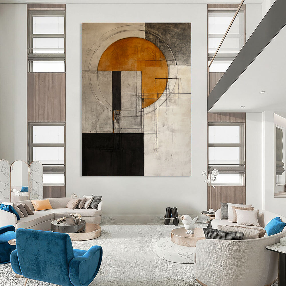 Abstract painting featuring an orange circle on a grey and white background with architectural elements inspired by Peter Driben's style.STSC661