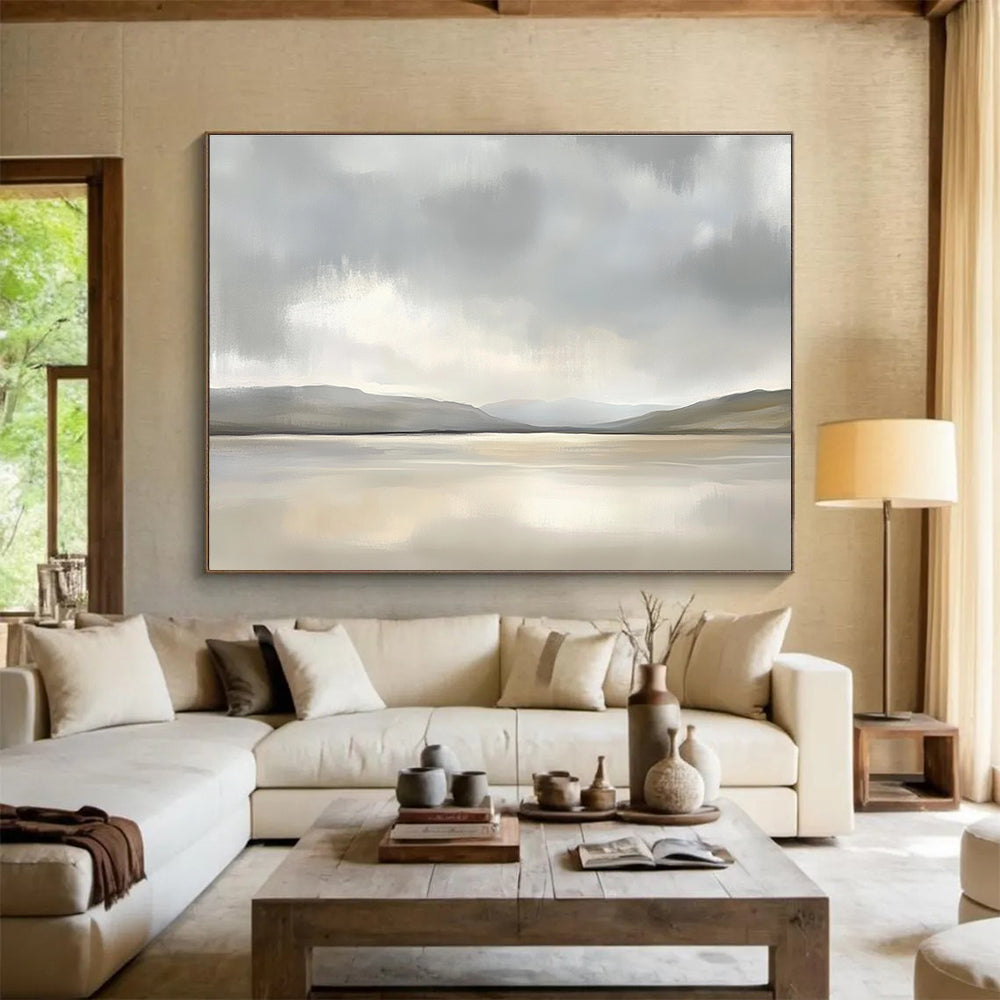 Minimalist Lake Scene Abstract Painting with Grays and Beiges DYP233