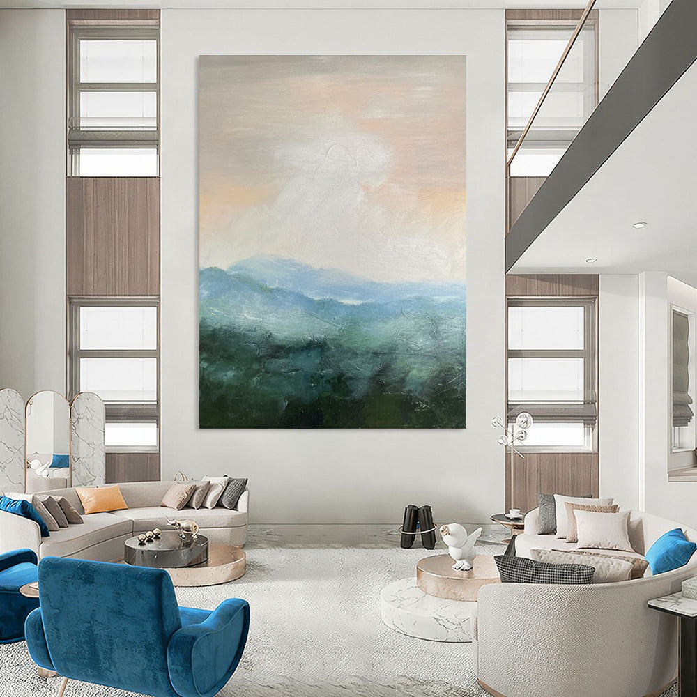 Soft Pink Blue Green Misty Mountain Abstract Painting ADGE010