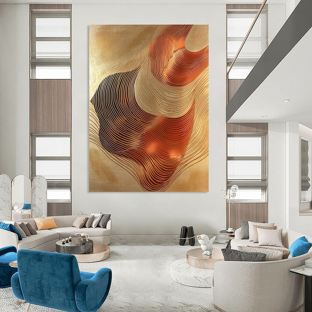 A large abstract artwork featuring elegant copper foil waves on golden paper exuding fluidity and harmony for any design space.STSC1440