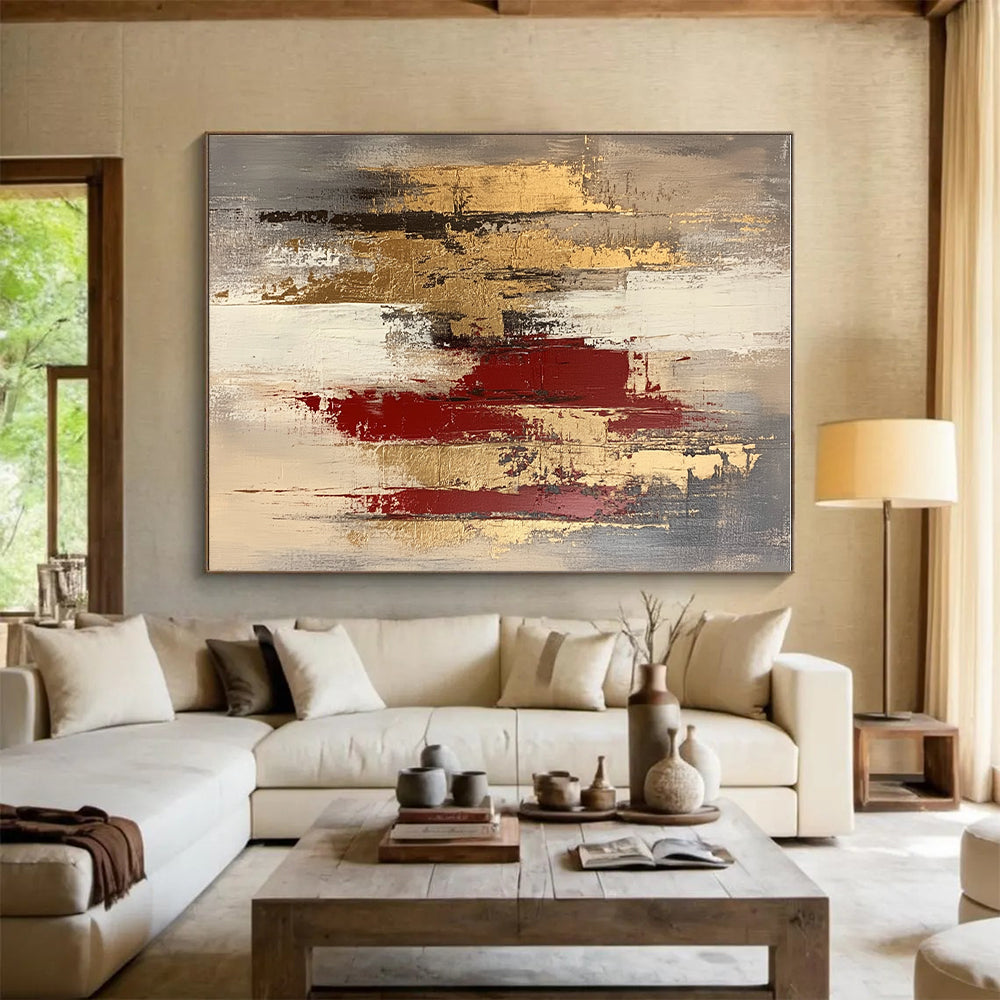 Gold Red and Gray Abstract Painting with Layered Strokes GER663