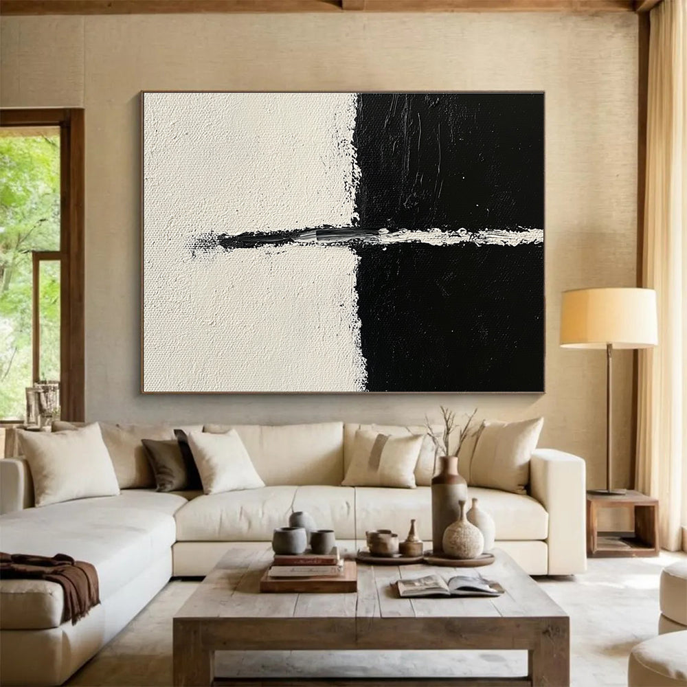 Large abstract painting in black and white featuring simple lines with an arc and bold brush strokes in the upper left corner.SC141