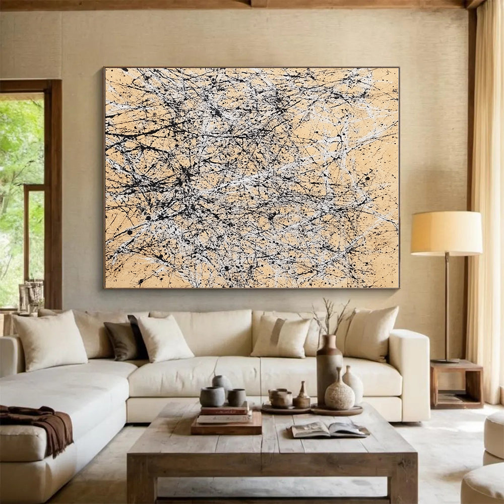 Black and White Splattered Abstract Painting on Beige Background GER002