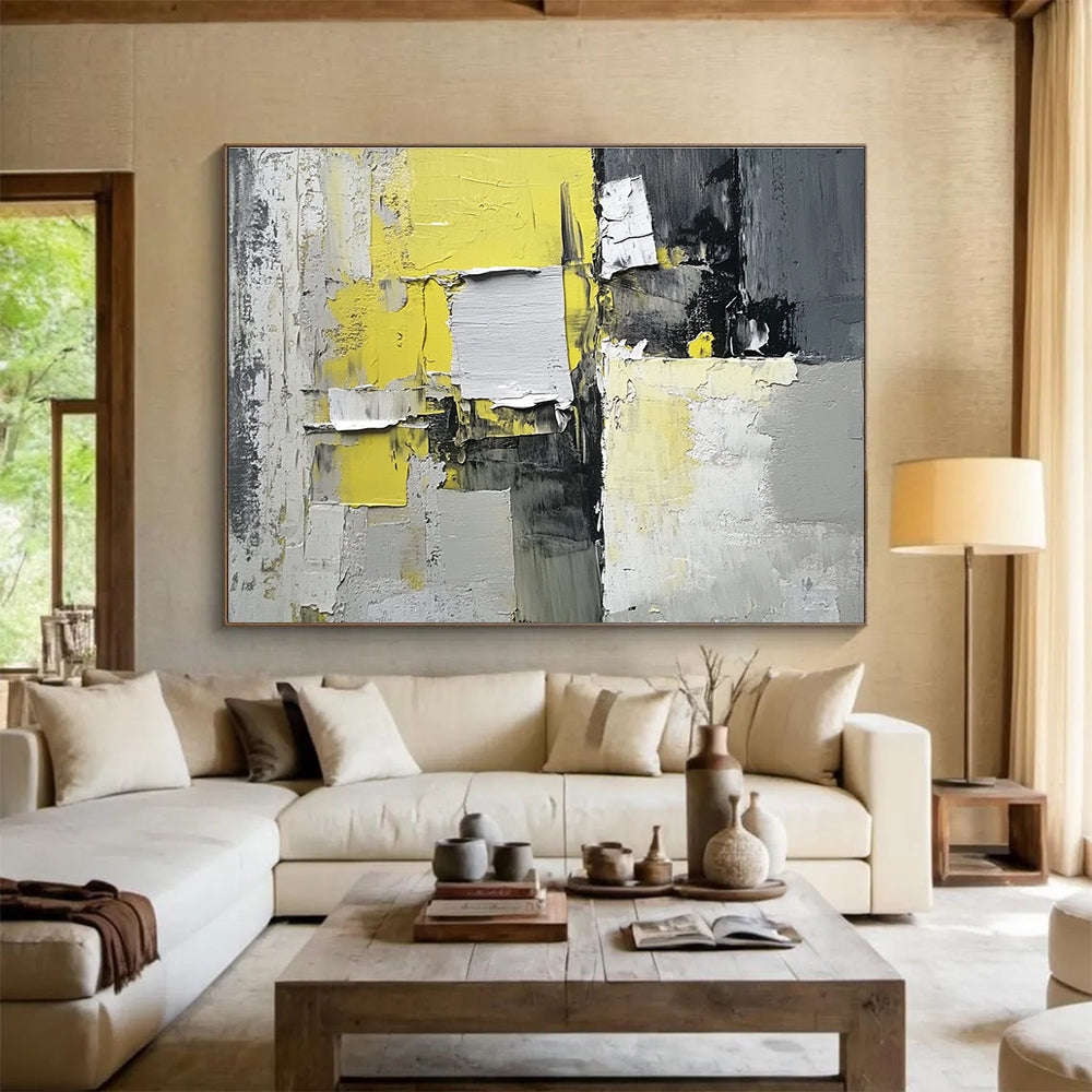 Yellow Gray and White Abstract Painting with Textured Patches DYP399