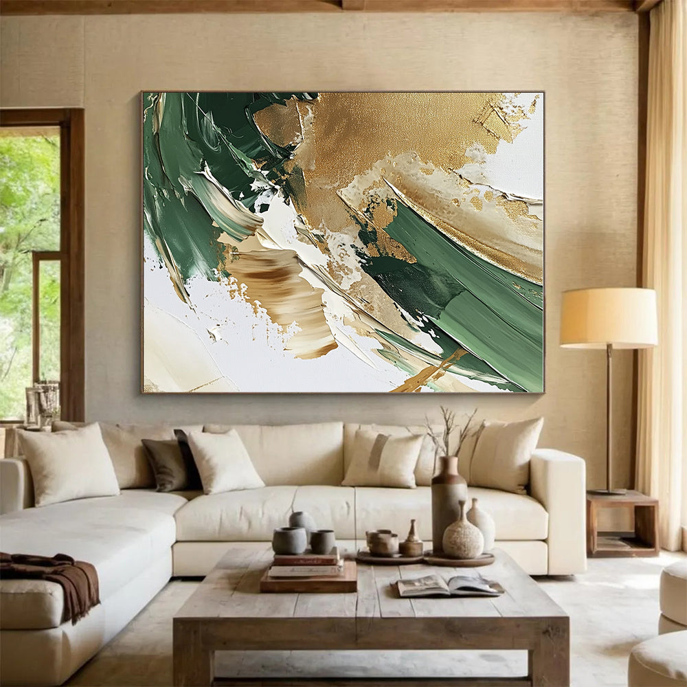 Green Gold and Beige Abstract Painting with Thick Textures GER647