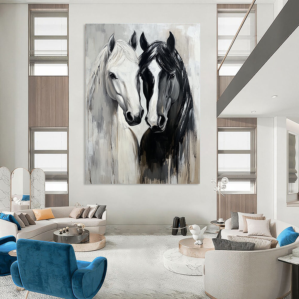 Abstract oil painting of black and white horses embracing with expressive brushstrokes and soft gray tones highlighting their fur texture and connection.STSC1388