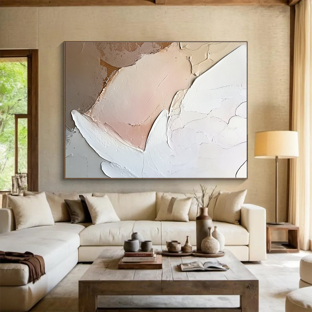Large abstract painting of an angel featuring neutral colors and soft pink and white tones with heavy brush strokes on canvas.SC152