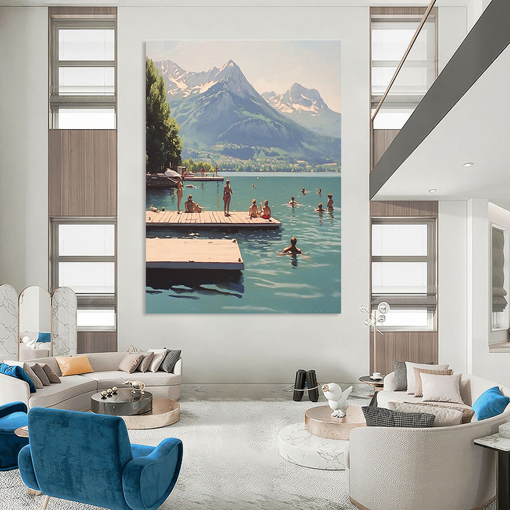 A large abstract painting depicting swimmers at Lake Annecy with majestic mountains creating a tranquil backdrop.STSC878