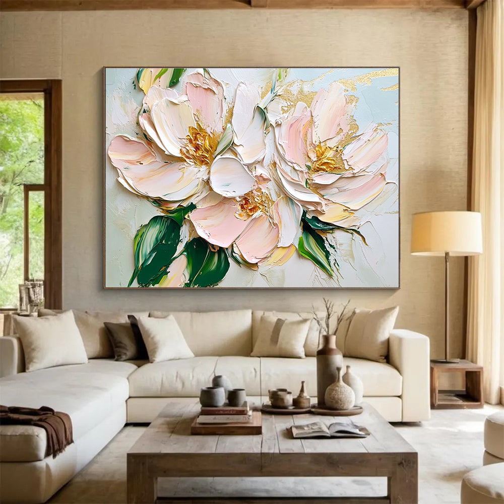 Large abstract oil painting featuring light pink and white flowers with green leaves and gold accents in a thick brushstroke palette knife style.SC123