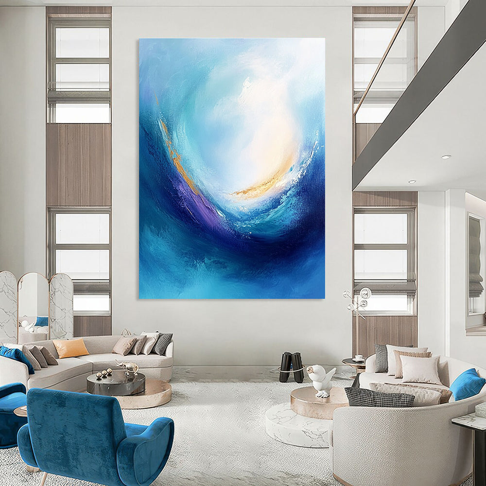 Large abstract painting of a blue sea with swirling vortices and emotional colors depicting tranquility and calmness in high resolution.STSC042