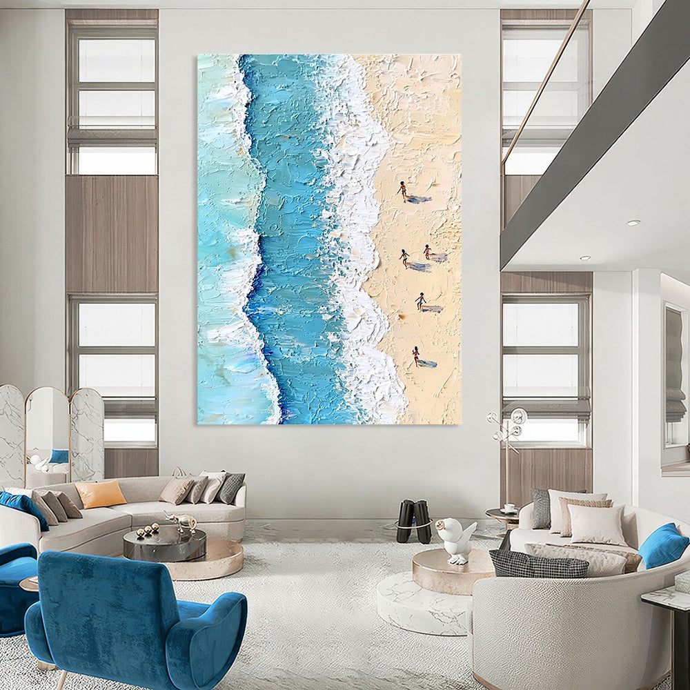 Large Abstract Painting Featuring Soft Pastel Colors Depicting Aerial Beach Scene With People Swimming Ocean Waves And Gentle Sand.STSC854