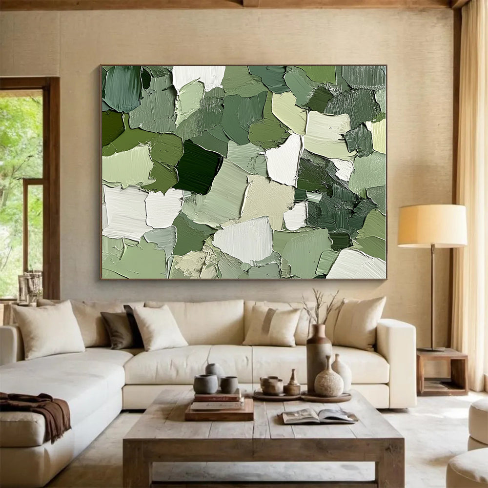 Green and White Patchwork Abstract Painting with Thick Brushstrokes GER043