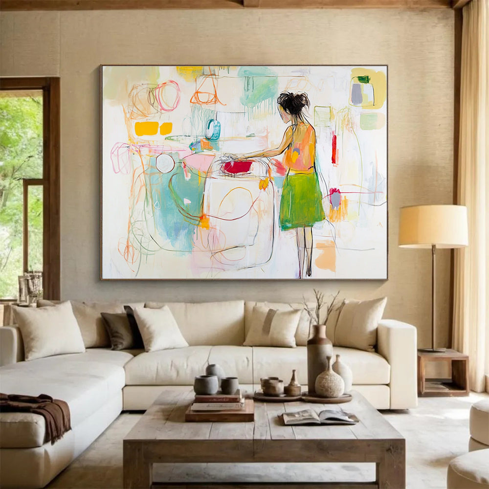 Large abstract painting of a woman doing laundry featuring loose gestural lines in white with vibrant yellow green red pink and blue accents.SC184