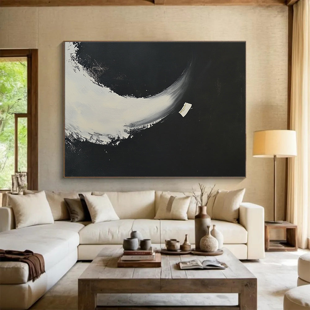 Black and White Crescent Abstract Painting with Bold Shapes DYP256