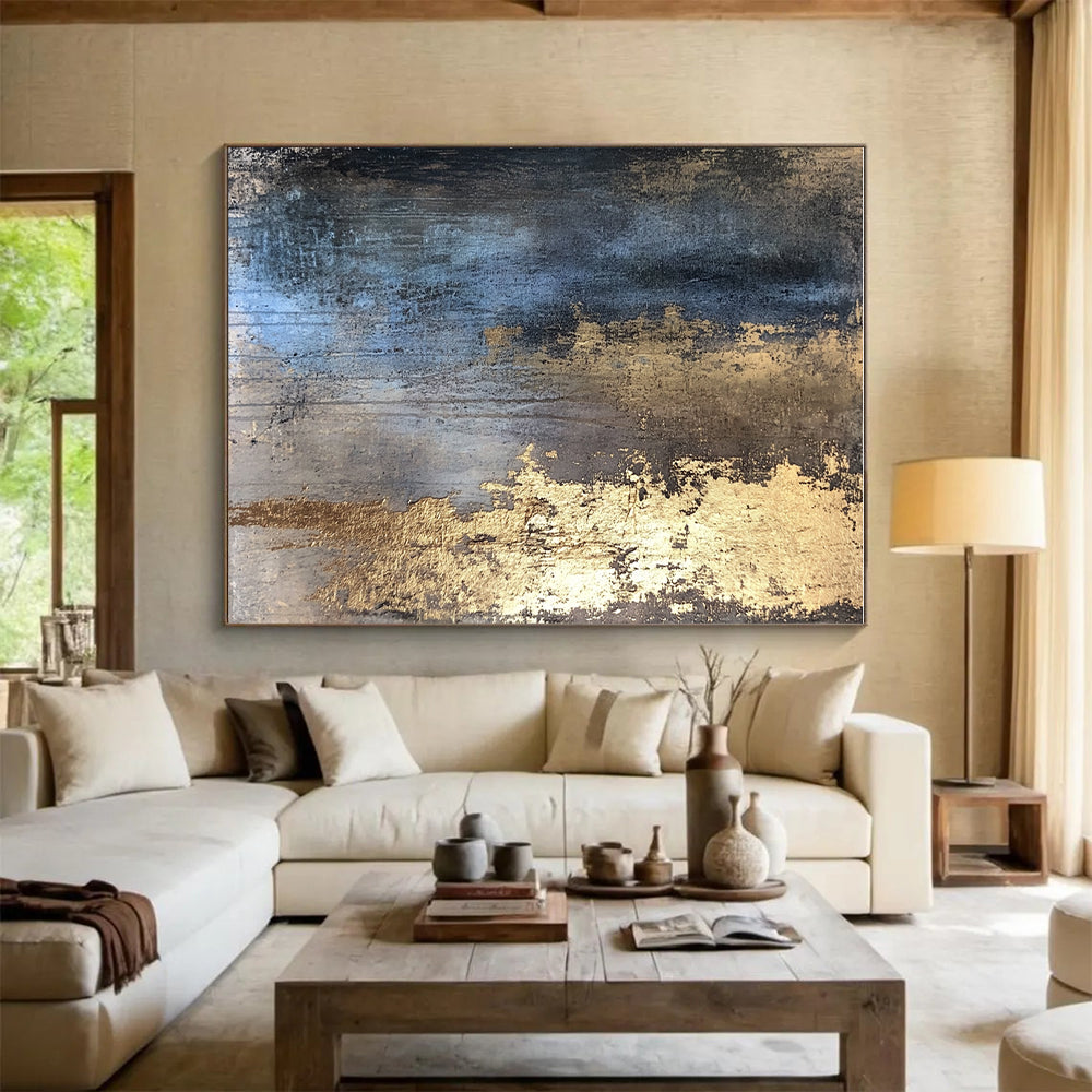 Blue and Gold Abstract Painting with Elegant Color Fusion GER094