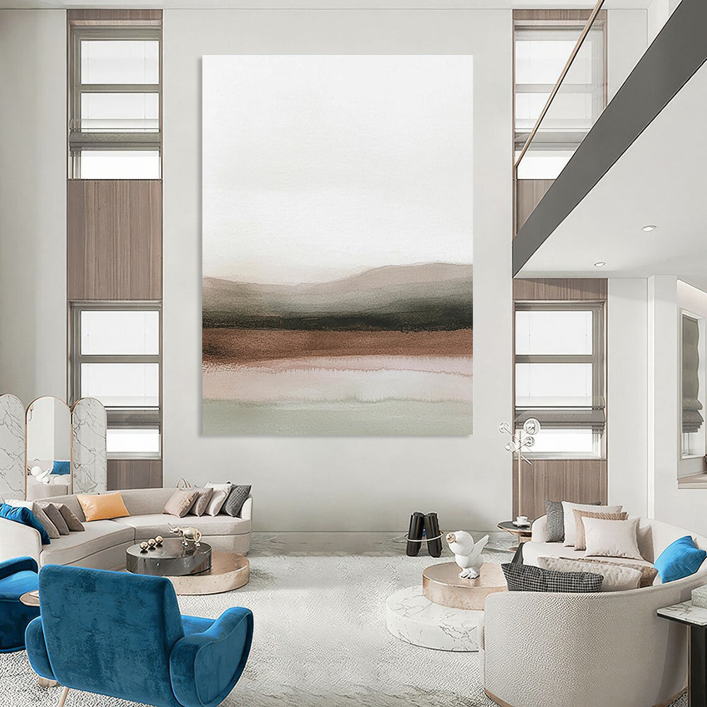 Abstract painting in pastel colors depicting a serene horizon with light gray skies and calm water, and brown desert landscapes blend.STSC1230