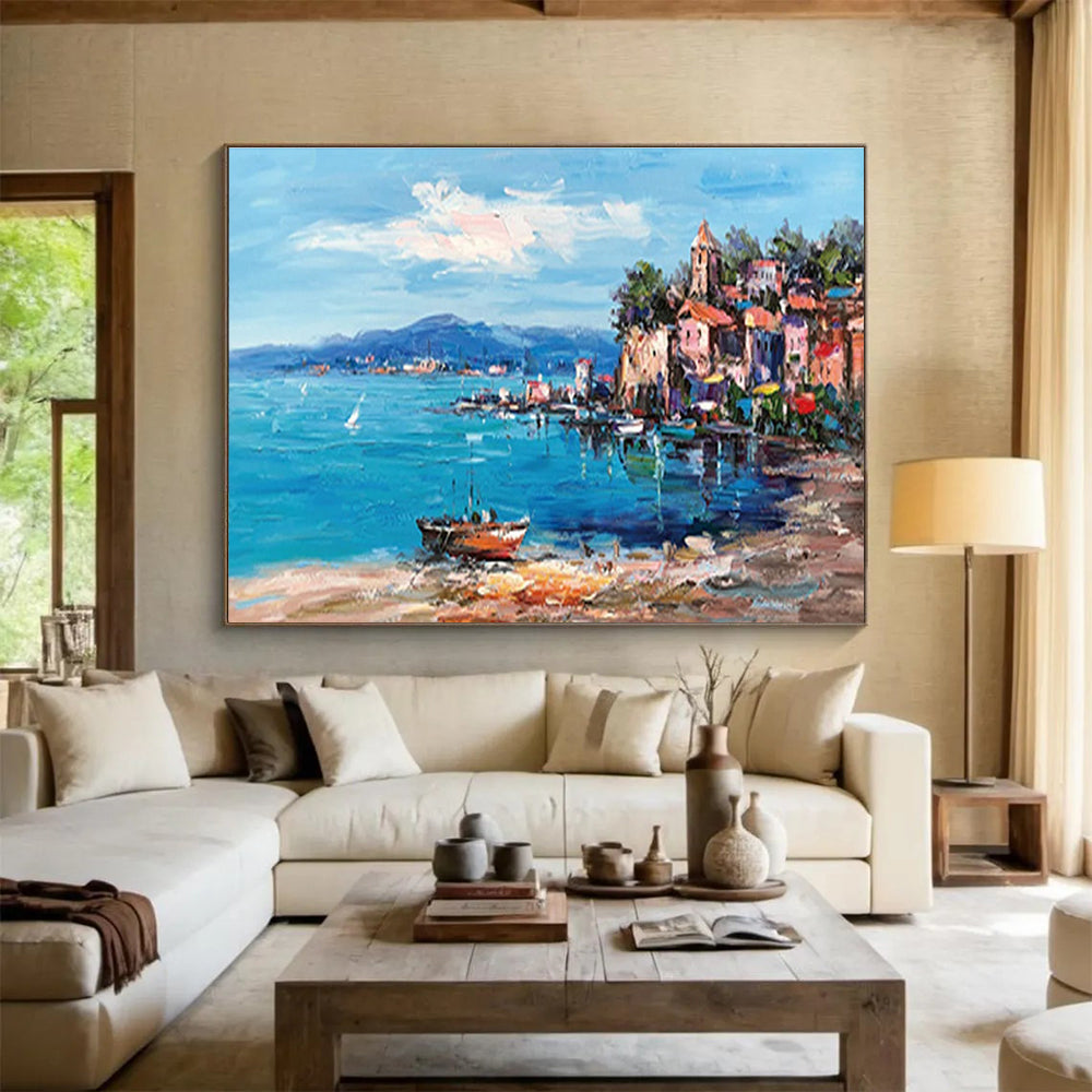 Coastal Town Abstract Painting with Blue, Pink, and Orange Tones THY230