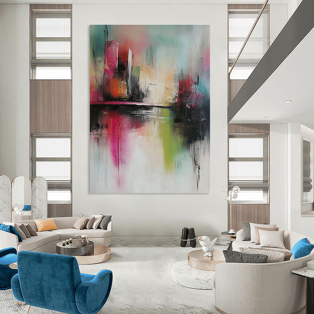 Large abstract painting with soft tones expressive brush strokes and a modern style featuring a city and river background in delicate details.STSC432