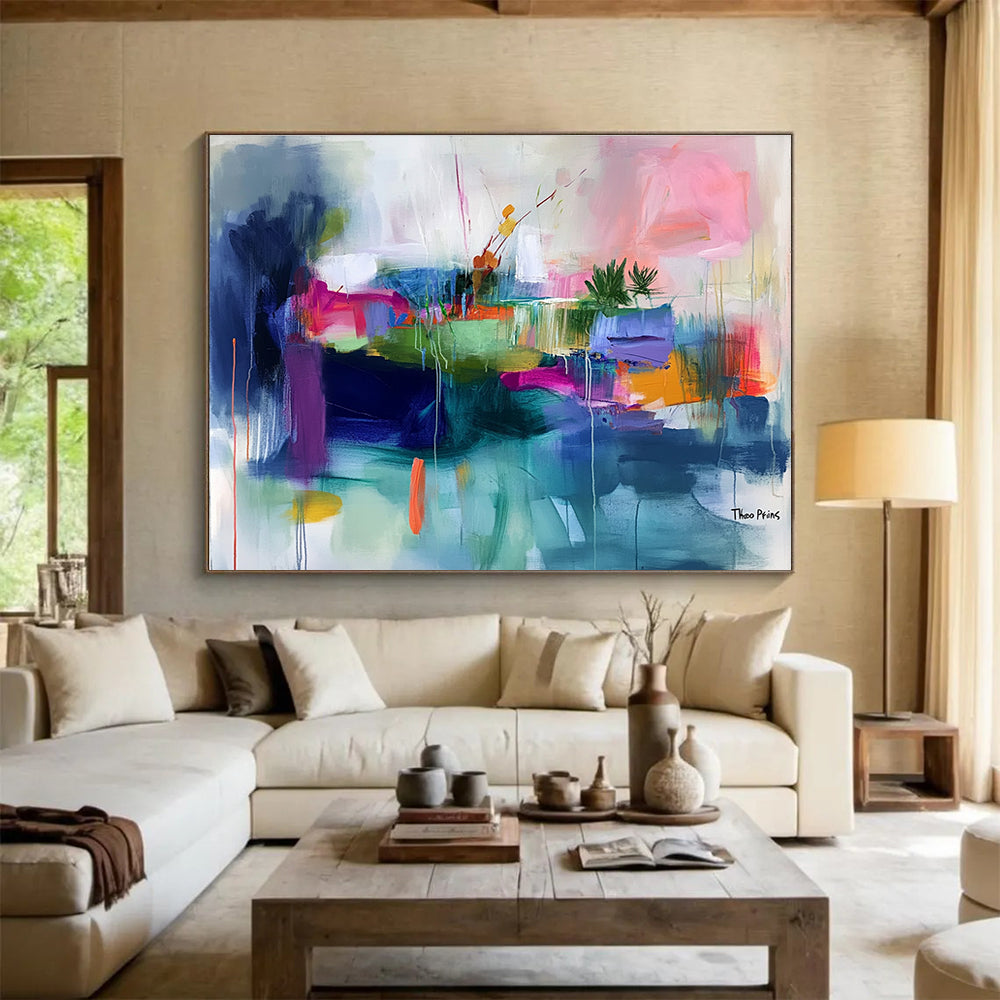 Large abstract painting featuring an island with vibrant brush strokes in pink green blue orange and more, emphasizing lively colors and fluid lines.SC372