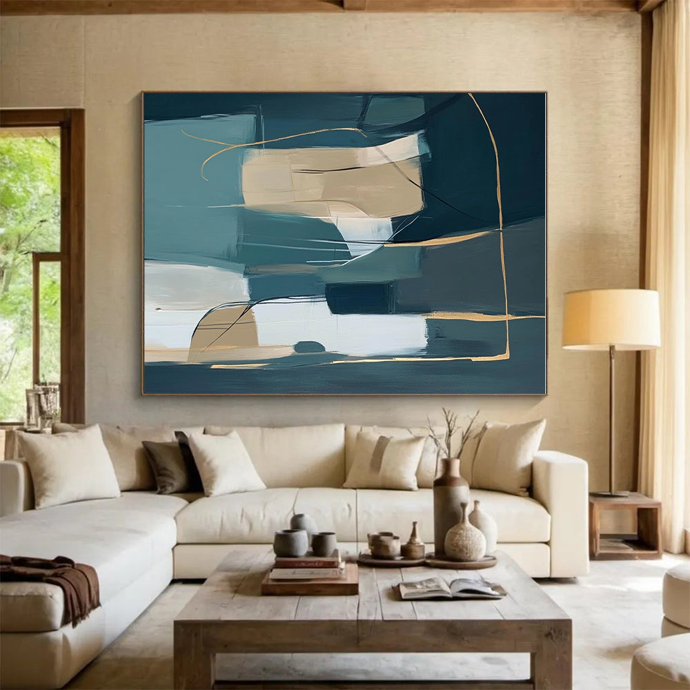 Teal and Beige Abstract Painting with Geometric Lines GER463