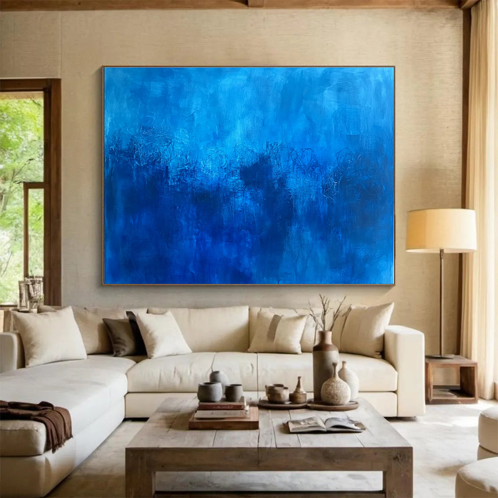 Abstract blue painting featuring deep blue hues and minimalist underwater elements inspired by Le Pho.SC036