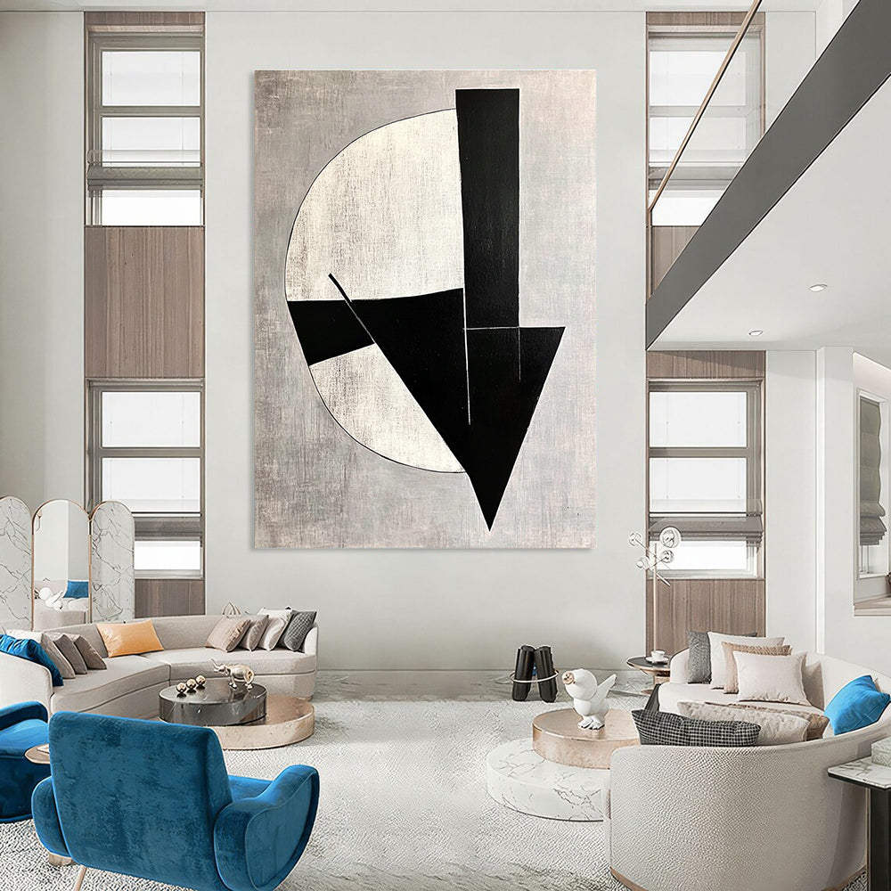 Large abstract painting with black and white shapes on a gray background featuring modernist simplicity and deconstructed minimalism with subtle tonal values.STSC1112