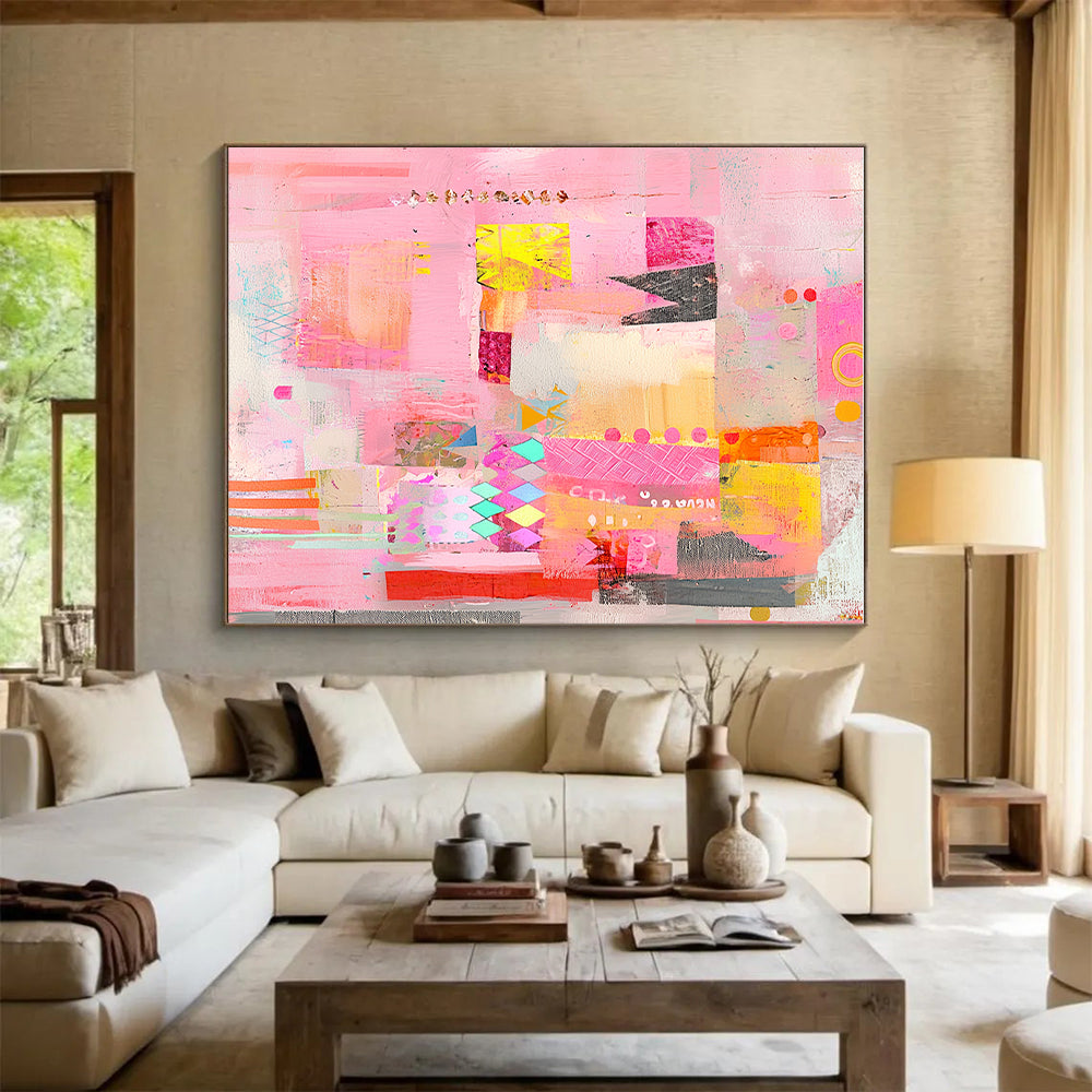 Pink and Colorful Mixed Media Abstract Collage Painting GER200