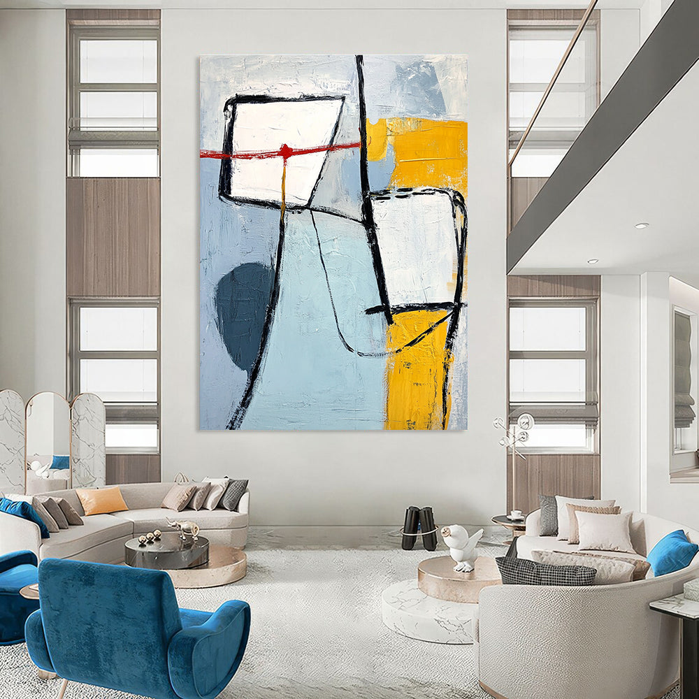 A large abstract painting with light blue gray and yellow shapes thick black lines and a prominent white square in the top-left corner.STSC613