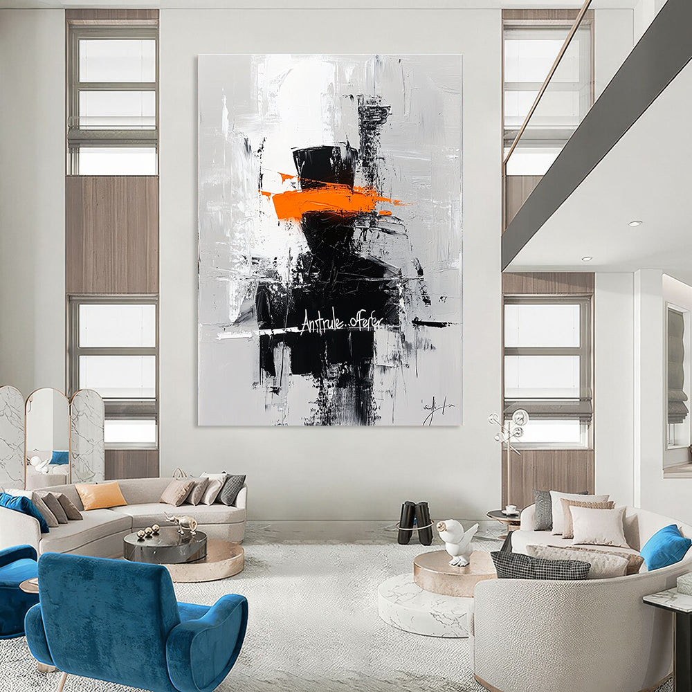 Bold abstract painting featuring a silhouette in an orange top hat with Ant rule.offer graffiti on a contrasting gray brushstroke background.STSC227