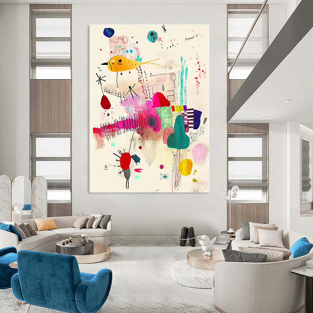 A large abstract painting featuring Krent-7 with whimsical patterns and vibrant fabric scraps on a beige background.STSC1235