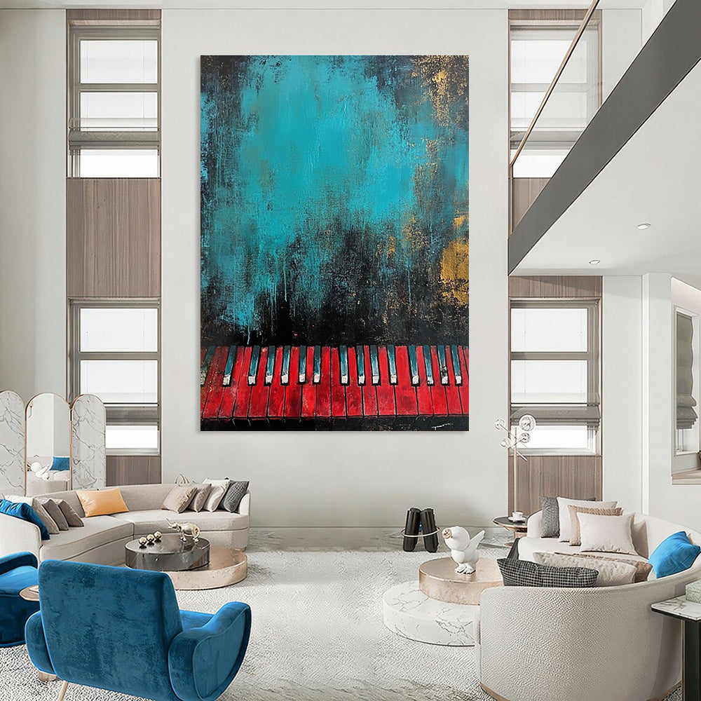 Large abstract painting in teal and black featuring textured red piano keys at the bottom for a striking visual impact.STSC230