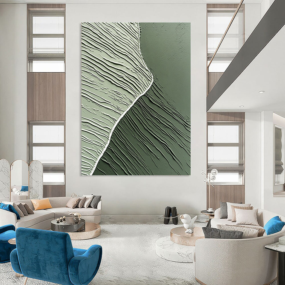 Large abstract artwork featuring smooth gray-green clay textures and a white central line, embodying minimalism and modern aesthetics against a dark background.STSC962